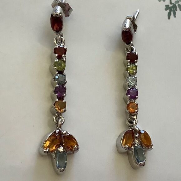 STERLING SILVER GEMS BLUE/GREEN/PURPLE MULTISTONES STUD EARRINGS - Picture 5 of 8